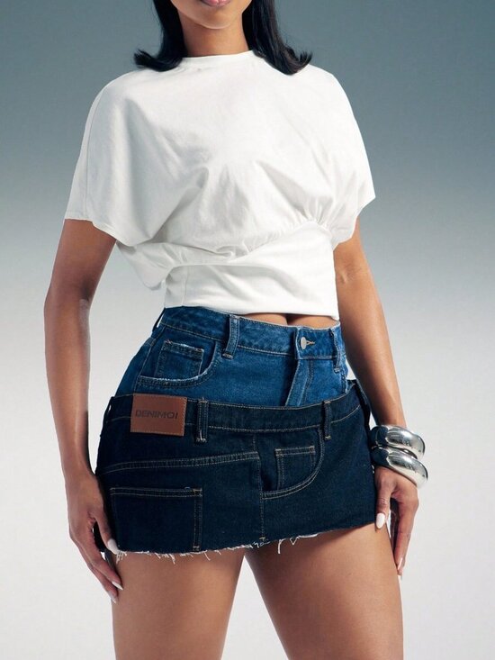Dresses & Skirts - Dark Wash Casual Women's Stacked Waist Low Rise Raw Hem Denim Micro Mini Skirt